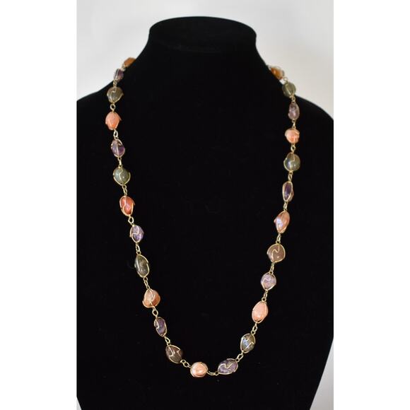 Vintage 80's Wire Wrapped Multi Stone Agate Necklace - 30 Inch Single Strand - Picture 2 of 4